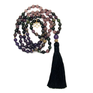 Tourmaline Mala with Amethyst & Strawberry Quartz for Harmony & Balance by Golden Lotus Mala