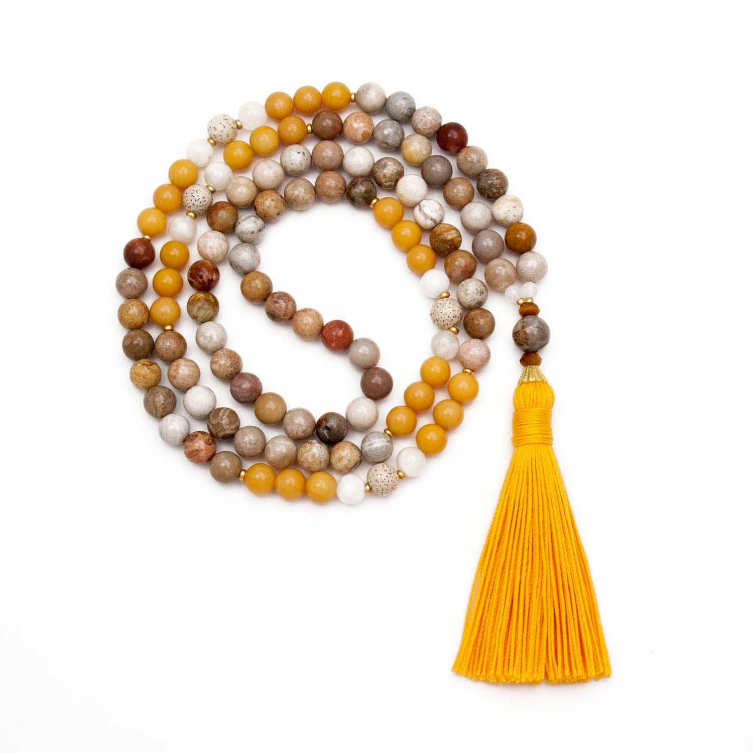 Surya Mala Beads - Fossil, Moonstone, Lotus Seed, Jasper