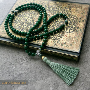 Good Fortune Mala Necklace with Green Jade by Golden Lotus Mala