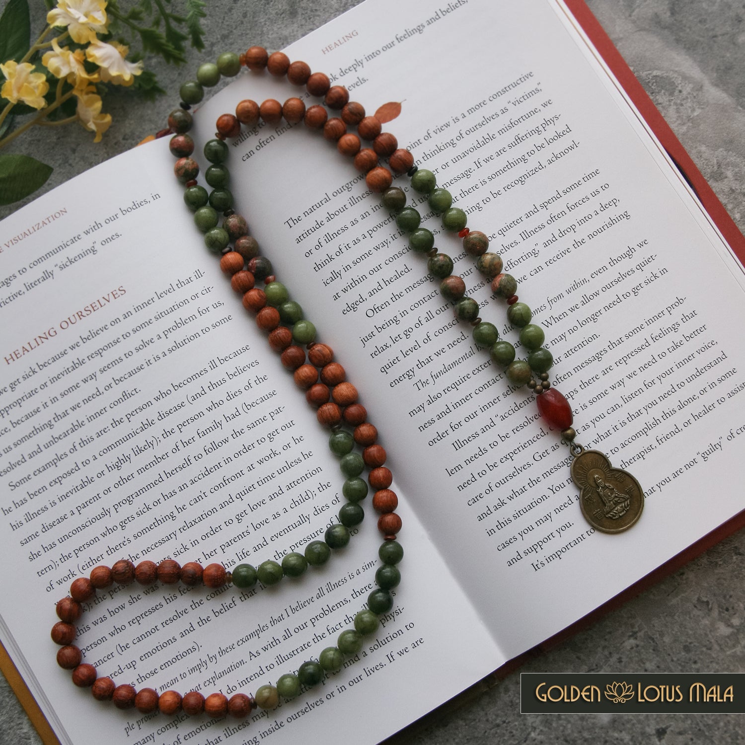 Open Heart Mala Bedas with Guan Yin Pendant by Golden Lotus Mala