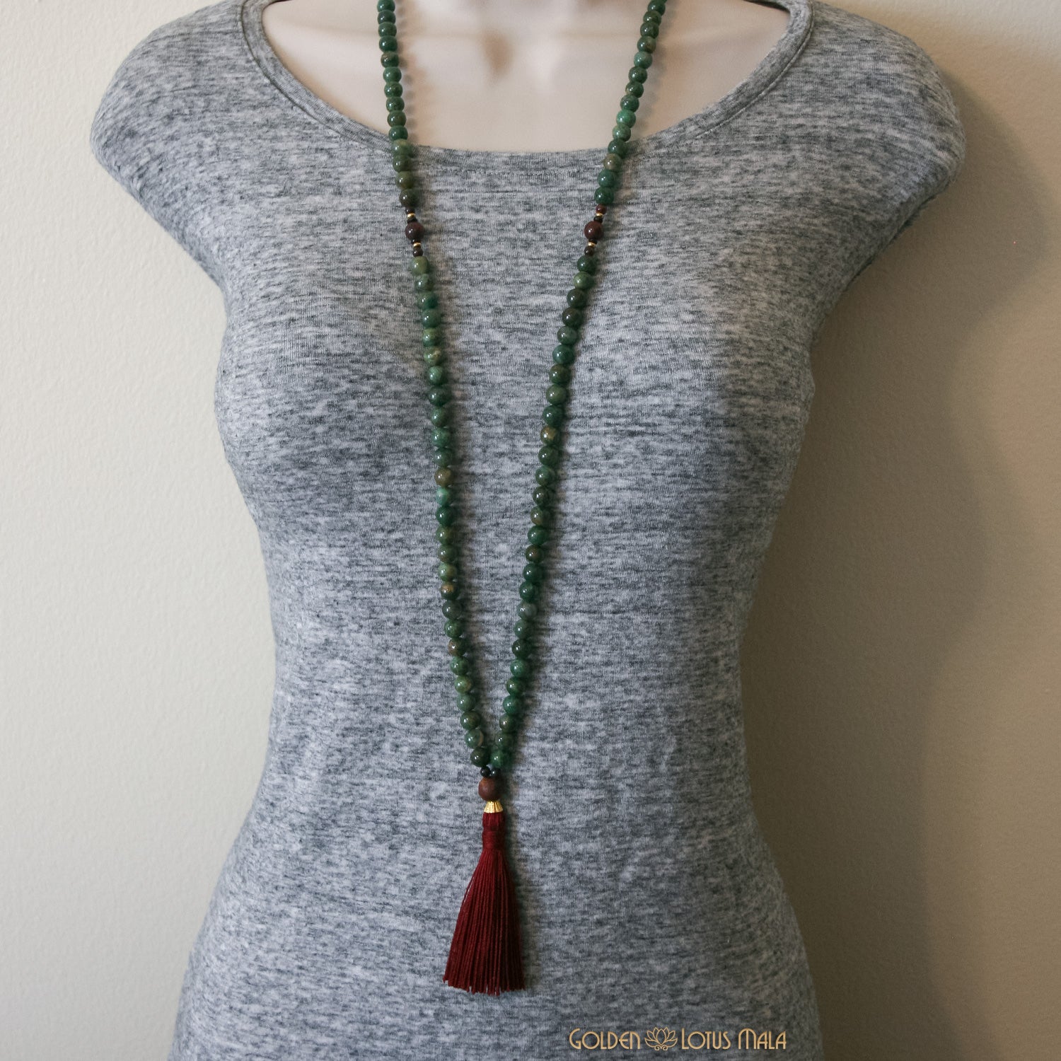 African Jade Mala with Burgundy Tassel